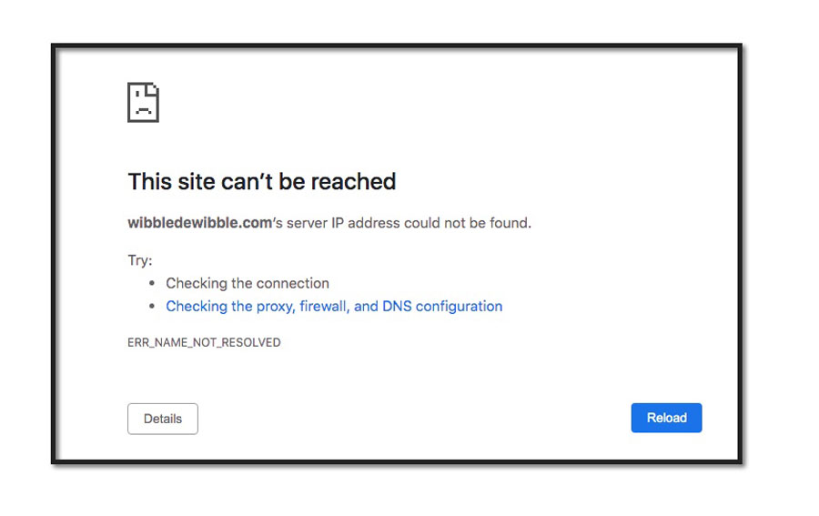 Image showing default Google Chrome error message for a missing website